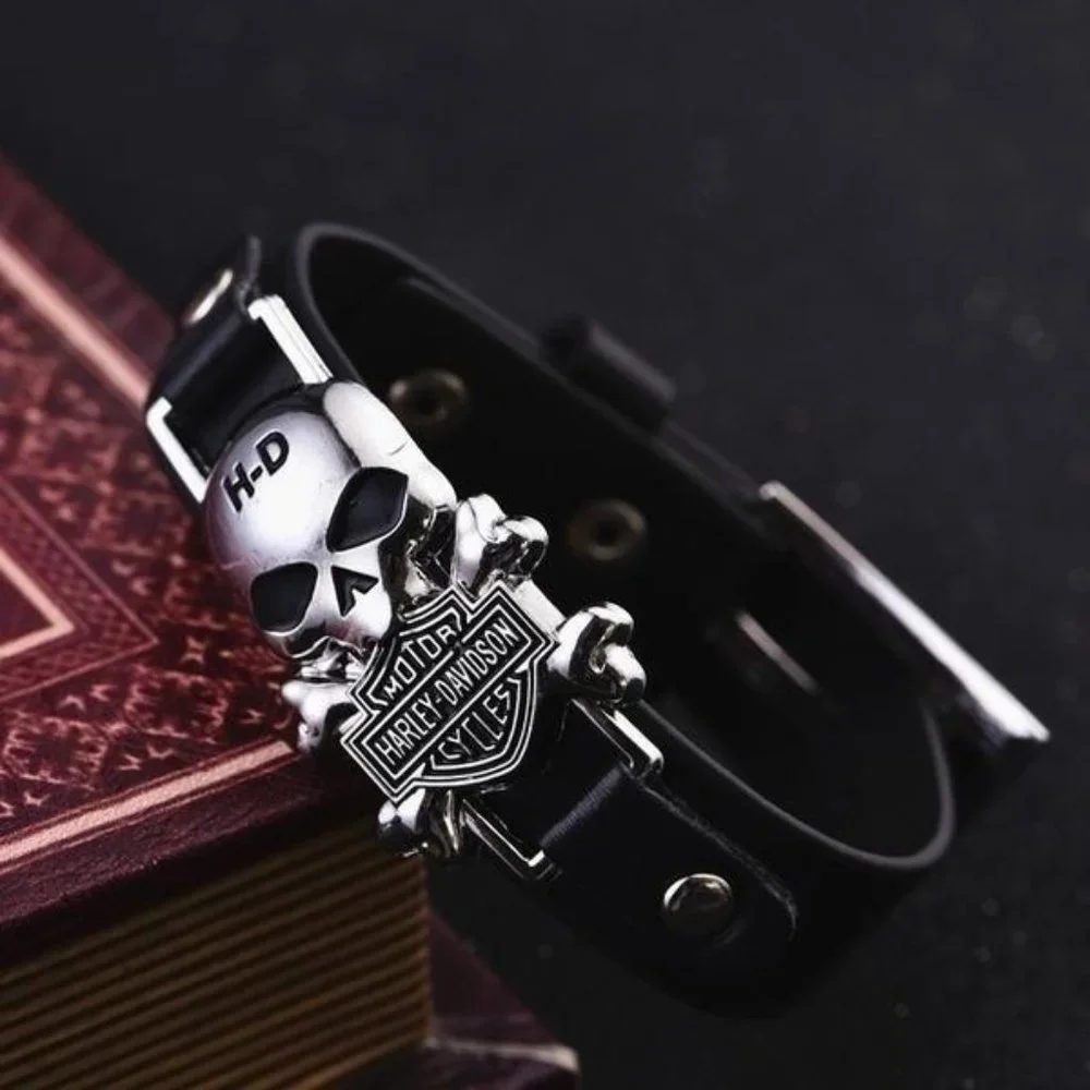 Harley Davidson HD Skull Steel Leather Wristband